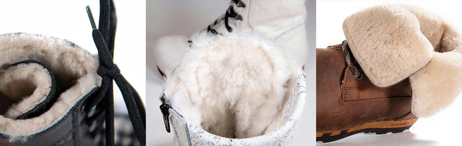 Fell gefütterte Schuhe mit der biegsamen Holzsohle kaufen. Gefütterte Holzschuhe kaufen