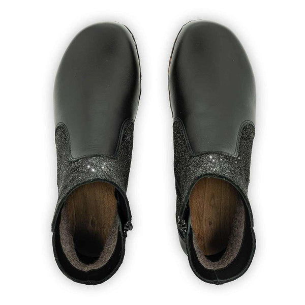 Clogs Damen Olga schwarz glitter Steifelette woody. Damenstiefelette Clog olga, clog stiefelette damen mit biegsamer nachhaltiger holzsohle, farbe: nero-argento (schwarz - schwarz mit silbernem glitter), holzclogs woody, woody schuhe, woody shoes, handgemachte holzschuhe aus österreich, kärnten