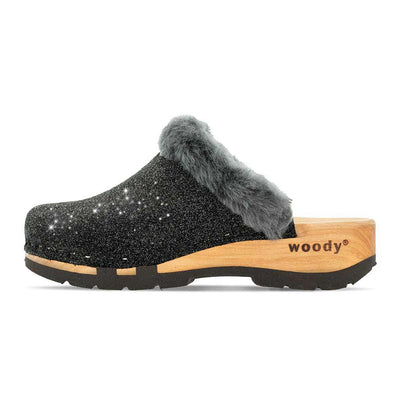 Clogs Damen gefüttert Marie in Farbe Argento giltzer marie, gefütterter damen clog mit biegsamer nachhaltiger holzsohle, lammfellfutter und kragen, farbe: argento (schwarz mit silbernem Glitter), holzclogs woody, woody schuhe, woody shoes, handgemachte holzschuhe aus österreich, kärnten