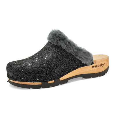Clogs Damen gefüttert Marie in Farbe Argento giltzer marie, gefütterter damen clog mit biegsamer nachhaltiger holzsohle, lammfellfutter und kragen, farbe: argento (schwarz mit silbernem Glitter), holzclogs woody, woody schuhe, woody shoes, handgemachte holzschuhe aus österreich, kärnten
