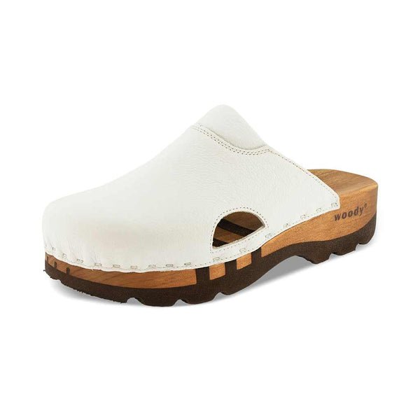 Clogs Damen und Clogs Herren Lissabon woody Holzclog als Unisex Clog kaufen. lissabon, arbeits-clogs unisex und biegsamer nachhaltiger holzsohle, farbe: weiss, holzclogs woody, woody schuhe, woody shoes, handgemachte holzschuhe aus österreich, kärnten