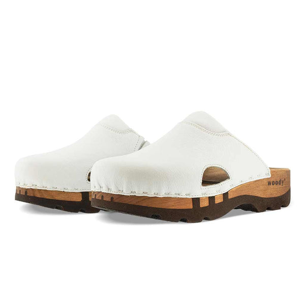 Clogs Damen und Herren Lissabon woody Holzclog als Unisex Clog. lissabon, arbeits-clogs unisex und biegsamer nachhaltiger holzsohle, farbe: weiss, holzclogs woody, woody schuhe, woody shoes, handgemachte holzschuhe aus österreich, kärnten