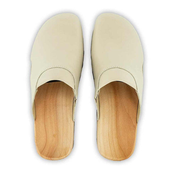 Clogs Damen und Herren Lissabon woody Holzclog als Unisex Clog creme lissabon, arbeits-clogs unisex und biegsamer nachhaltiger holzsohle, farbe: creme, holzclogs woody, woody schuhe, woody shoes, handgemachte holzschuhe aus österreich, kärnten