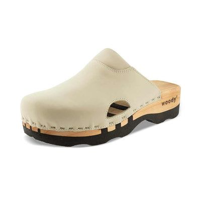 Clogs Damen und Herren Lissabon woody Holzclog als Unisex Clog creme lissabon, arbeits-clogs unisex und biegsamer nachhaltiger holzsohle, farbe: creme, holzclogs woody, woody schuhe, woody shoes, handgemachte holzschuhe aus österreich, kärnten