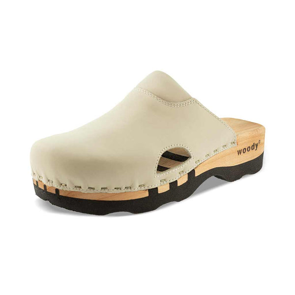 Clogs Damen und Herren Lissabon woody Holzclog als Unisex Clog creme lissabon, arbeits-clogs unisex und biegsamer nachhaltiger holzsohle, farbe: creme, holzclogs woody, woody schuhe, woody shoes, handgemachte holzschuhe aus österreich, kärnten