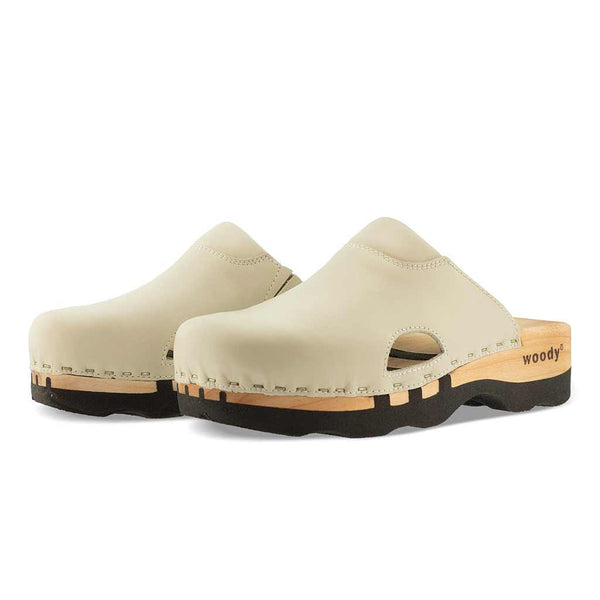 Clogs Damen und Herren Lissabon woody Holzclog als Unisex Clog creme lissabon, arbeits-clogs unisex und biegsamer nachhaltiger holzsohle, farbe: creme, holzclogs woody, woody schuhe, woody shoes, handgemachte holzschuhe aus österreich, kärnten