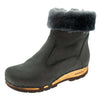 elke, clog stiefel damen mit biegsamer nachhaltiger holzsohle, lammfellfutter und kragen, farbe: nero, holzclogs woody, woody schuhe, woody shoes, handgemachte holzschuhe aus österreich, kärnten
