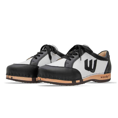 [Schwarz-Weiss] abby, clog sneakers damen mit biegsamer nachhaltiger holzsohle, farbe: schwarz-weiss (Glattleder), holzclogs woody, woody schuhe, woody shoes, handgemachte holzschuhe aus österreich, kärnten
