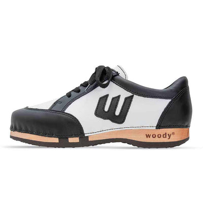[Schwarz-Weiss] abby, clog sneakers damen mit biegsamer nachhaltiger holzsohle, farbe: schwarz-weiss (Glattleder), holzclogs woody, woody schuhe, woody shoes, handgemachte holzschuhe aus österreich, kärnten