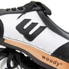 abby, clog sneakers damen mit biegsamer nachhaltiger holzsohle, farbe: schwarz-weiss (Glattleder), holzclogs woody, woody schuhe, woody shoes, handgemachte holzschuhe aus österreich, kärnten