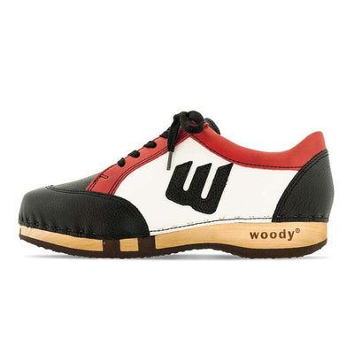 [Nero-Rosso] abby, clog sneakers damen mit biegsamer nachhaltiger holzsohle, farbe: nero-rosso (schwarz-rot-weiss), holzclogs woody, woody schuhe, woody shoes, handgemachte holzschuhe aus österreich, kärnten