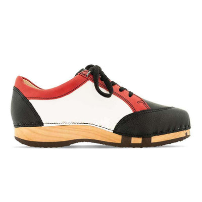 [Nero-Rosso] abby, clog sneakers damen mit biegsamer nachhaltiger holzsohle, farbe: nero-rosso (schwarz-rot-weiss), holzclogs woody, woody schuhe, woody shoes, handgemachte holzschuhe aus österreich, kärnten