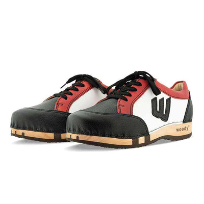 [Nero-Rosso] abby, clog sneakers damen mit biegsamer nachhaltiger holzsohle, farbe: nero-rosso (schwarz-rot-weiss), holzclogs woody, woody schuhe, woody shoes, handgemachte holzschuhe aus österreich, kärnten