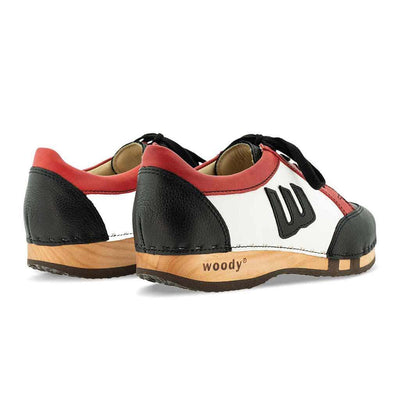 [Nero-Rosso] abby, clog sneakers damen mit biegsamer nachhaltiger holzsohle, farbe: nero-rosso (schwarz-rot-weiss), holzclogs woody, woody schuhe, woody shoes, handgemachte holzschuhe aus österreich, kärnten