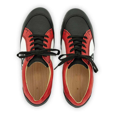 [Nero-Rosso] abby, clog sneakers damen mit biegsamer nachhaltiger holzsohle, farbe: nero-rosso (schwarz-rot-weiss), holzclogs woody, woody schuhe, woody shoes, handgemachte holzschuhe aus österreich, kärnten