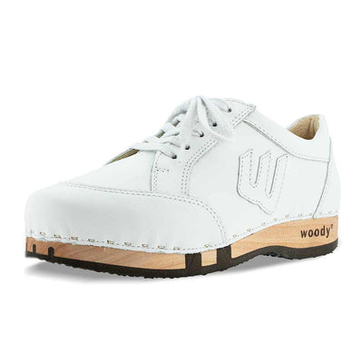 [Weiss] abby, clog sneakers damen mit biegsamer nachhaltiger holzsohle, farbe: weiss Uni, holzclogs woody, woody schuhe, woody shoes, handgemachte holzschuhe aus österreich, kärnten