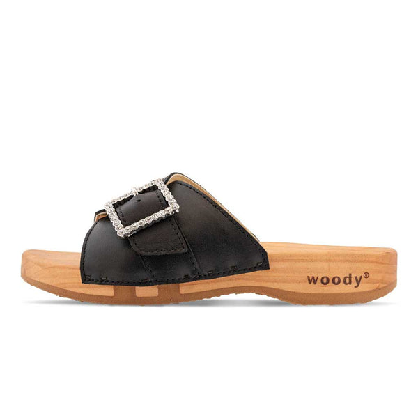 [Schwarz mit Schmuck] Amira Damen Clog Pantolette – elegant, mit biegsamer Sohle aus nachhaltigem Weidenholz, Farbe: schwarz (mit silberner und strassbesetzter Schnalle)