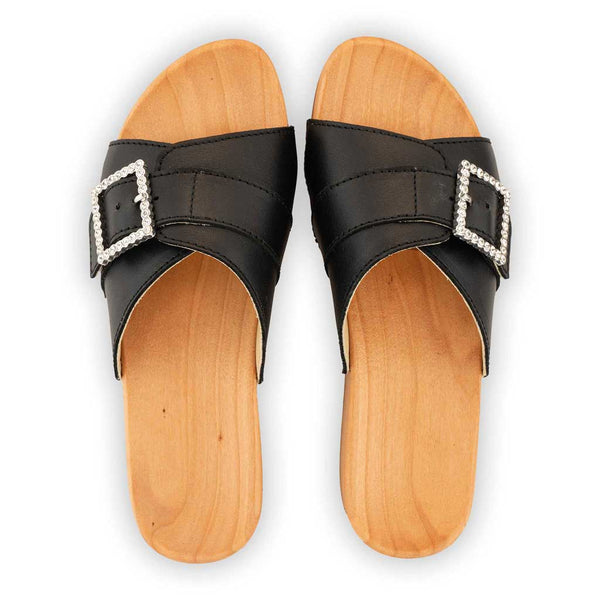 [Schwarz mit Schmuck] Amira Damen Clog Pantolette – elegant, mit biegsamer Sohle aus nachhaltigem Weidenholz, Farbe: schwarz (mit silberner und strassbesetzter Schnalle)