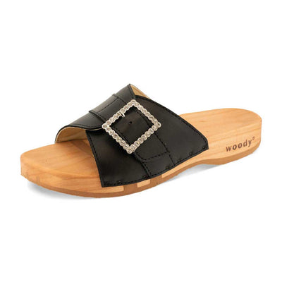 [Schwarz mit Schmuck] Amira Damen Clog Pantolette – elegant, mit biegsamer Sohle aus nachhaltigem Weidenholz, Farbe: schwarz (mit silberner und strassbesetzter Schnalle)