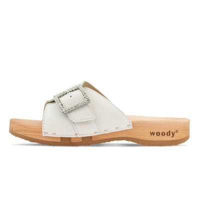 [Weiss mit Schmuck] Amira Damen Clog Pantolette – elegant, mit biegsamer Sohle aus nachhaltigem Weidenholz, Farbe: weiss (mit silberner und strassbesetzter Schnalle)