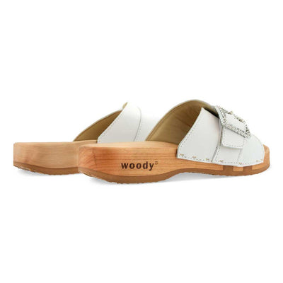 [Weiss mit Schmuck] Amira Damen Clog Pantolette – elegant, mit biegsamer Sohle aus nachhaltigem Weidenholz, Farbe: weiss (mit silberner und strassbesetzter Schnalle)