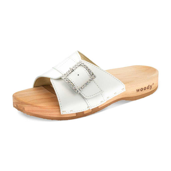 [Weiss mit Schmuck] Amira Damen Clog Pantolette – elegant, mit biegsamer Sohle aus nachhaltigem Weidenholz, Farbe: weiss (mit silberner und strassbesetzter Schnalle)