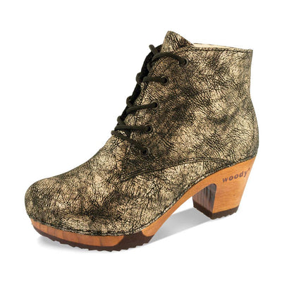 [Noirgold] anne clog stiefelette damen anne woody holzschuhe. ankle boots gefüttert, damenstiefel, stiefel, damenclogs mit flexibler, biegsamer holzsohle. holzclogs, clogs damen knöchel stiefel, damen clogs mit fussbett. ankleboots holz schuhe, holzclog, holzschuhe kaufen, farbe: noirgold (gold mit schwarzen cracks)
