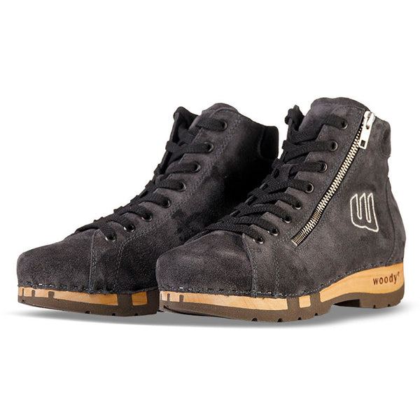 [Graphit] Roxy Damen Clog Sneaker von woody Schuhe. Clogs Damen roxy, clog sneakers für damen mit hohem schaft und biegsamer nachhaltiger holzsohle, farbe: titan, holzclogs woody, woody schuhe, woody shoes, handgemachte holzschuhe aus österreich, kärnten