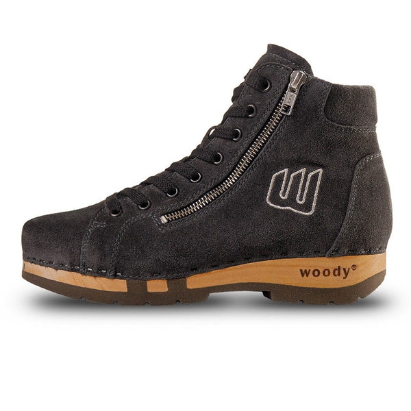 [Graphit] Roxy Damen Clog Sneaker von woody Schuhe. Clogs Damen roxy, clog sneakers für damen mit hohem schaft und biegsamer nachhaltiger holzsohle, farbe: titan, holzclogs woody, woody schuhe, woody shoes, handgemachte holzschuhe aus österreich, kärnten