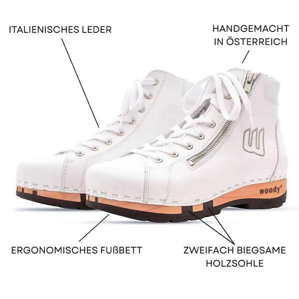[Weiss] Roxy Damen Clog Sneaker mit hohem schaft und biegsamer nachhaltiger holzsohle, farbe: weiss (glattleder), holzclogs woody, woody schuhe, woody shoes, handgemachte holzschuhe aus österreich, kärnten
