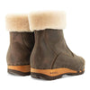 elke, clog stiefel damen mit biegsamer nachhaltiger holzsohle, lammfellfutter und kragen, farbe: caffe, holzclogs woody, woody schuhe, woody shoes, handgemachte holzschuhe aus österreich, kärnten