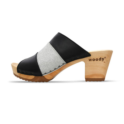 Ella "Glam Line" – elegante Damen Clog Pantolette mit biegsamer Sohle – Farbe: Schwarz-Silber Glitzer