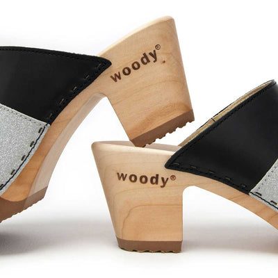 Ella "Glam Line" – elegante Damen Clog Pantolette mit biegsamer Sohle – Farbe: Schwarz-Silber Glitzer