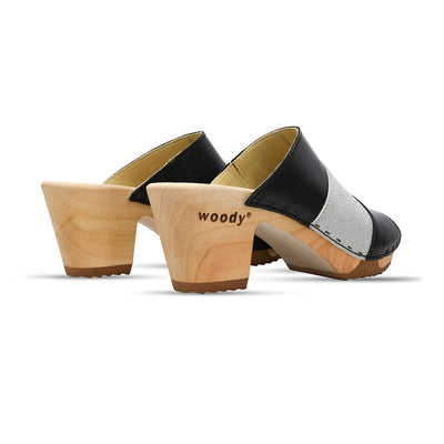Ella "Glam Line" – elegante Damen Clog Pantolette mit biegsamer Sohle – Farbe: Schwarz-Silber Glitzer