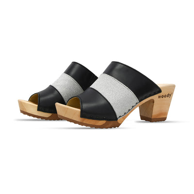 Ella "Glam Line" – elegante Damen Clog Pantolette mit biegsamer Sohle – Farbe: Schwarz-Silber Glitzer