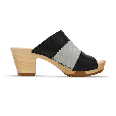 Ella "Glam Line" – elegante Damen Clog Pantolette mit biegsamer Sohle – Farbe: Schwarz-Silber Glitzer