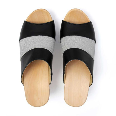 Ella "Glam Line" – elegante Damen Clog Pantolette mit biegsamer Sohle – Farbe: Schwarz-Silber Glitzer