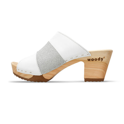 Ella "Glam Line" – elegante Damen Clog Pantolette mit biegsamer Sohle – Farbe: Weiss-Silber Glitzer