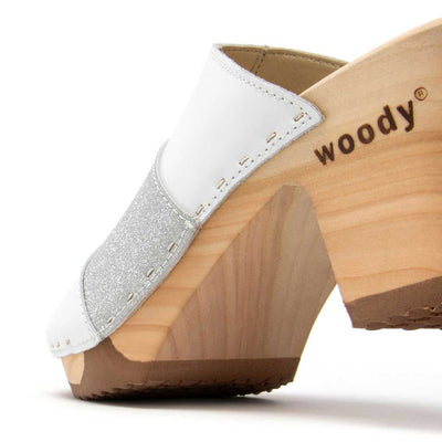 Ella "Glam Line" – elegante Damen Clog Pantolette mit biegsamer Sohle – Farbe: Weiss-Silber Glitzer