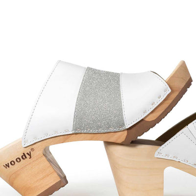 Ella "Glam Line" – elegante Damen Clog Pantolette mit biegsamer Sohle – Farbe: Weiss-Silber Glitzer