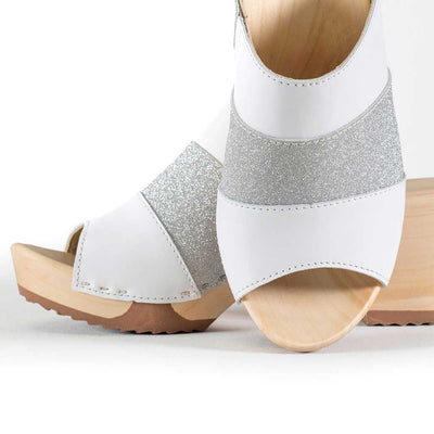 Ella "Glam Line" – elegante Damen Clog Pantolette mit biegsamer Sohle – Farbe: Weiss-Silber Glitzer
