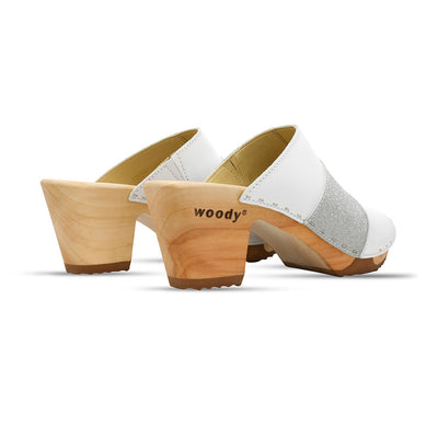 Ella "Glam Line" – elegante Damen Clog Pantolette mit biegsamer Sohle – Farbe: Weiss-Silber Glitzer