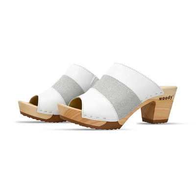 Ella "Glam Line" – elegante Damen Clog Pantolette mit biegsamer Sohle – Farbe: Weiss-Silber Glitzer