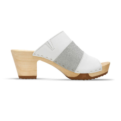 Ella "Glam Line" – elegante Damen Clog Pantolette mit biegsamer Sohle – Farbe: Weiss-Silber Glitzer