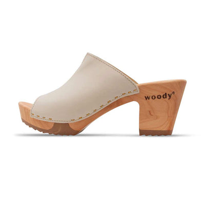 [Creme] Elly Clogs Damen Pantolette von woody. elly, farbe: creme, clogs pantolette damen mit absatz mit biegsamer nachhaltiger weidenholzsohle, holzclogs woody, woody schuhe, woody shoes, handgemachte holzschuhe aus österreich, kärnten