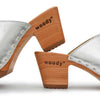 Elly Clogs Damen Pantolette von woody. elly, farbe: silber, clogs pantolette damen mit absatz mit biegsamer nachhaltiger weidenholzsohle, holzclogs woody, woody schuhe, woody shoes, handgemachte holzschuhe aus österreich, kärnten