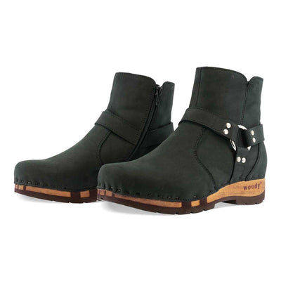 elya, clog stiefelette damen mit biegsamer nachhaltiger holzsohle, farbe: nero (schwarz), holzclogs woody, woody schuhe, woody shoes, handgemachte holzschuhe aus österreich, kärnten