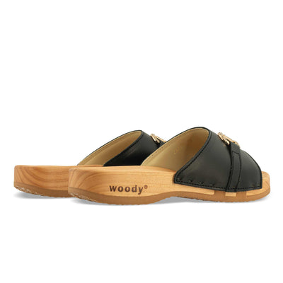 Farah – elegante Damen Clog Pantolette mit biegsamer Sohle aus nachhaltigem Weidenholz, Farbe: schwarz (mit goldener und strassbesetzter Zierschnalle)
