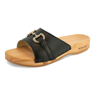 Farah – elegante Damen Clog Pantolette mit biegsamer Sohle aus nachhaltigem Weidenholz, Farbe: schwarz (mit goldener und strassbesetzter Zierschnalle)