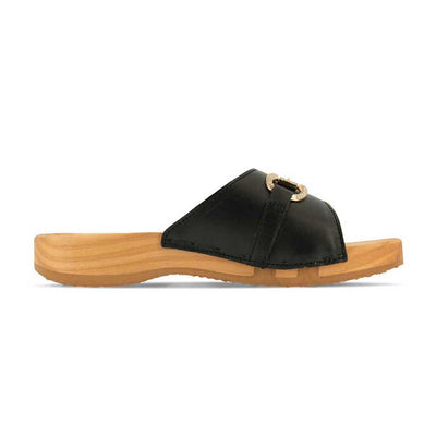 Farah – elegante Damen Clog Pantolette mit biegsamer Sohle aus nachhaltigem Weidenholz, Farbe: schwarz (mit goldener und strassbesetzter Zierschnalle)